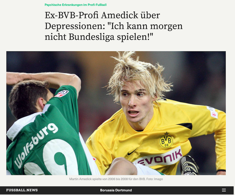 Screenshot des Artikels. Ex-Fußballprofi Martin Amedick im Trikot des BVB.